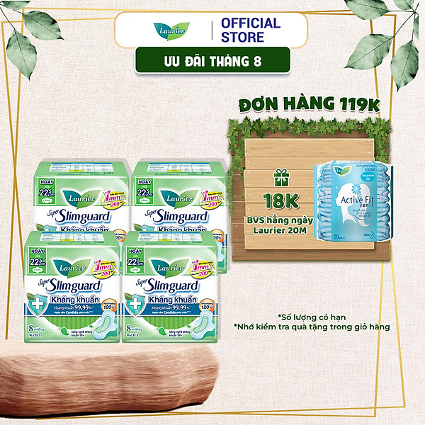 Combo 4 gói BVS Laurier Siêu Mỏng 1mm Kháng khuẩn 22.5cm 8 miếng