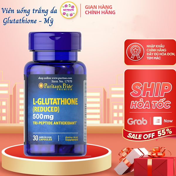 Viên uống trắng da Glutathione Puritan’s Pride Premium L-Glutathione 500mg - Mỹ, Hỗ trợ trắng da, Giảm nám, tàn nhang, Thải độc và Tăng hệ miễn dịch