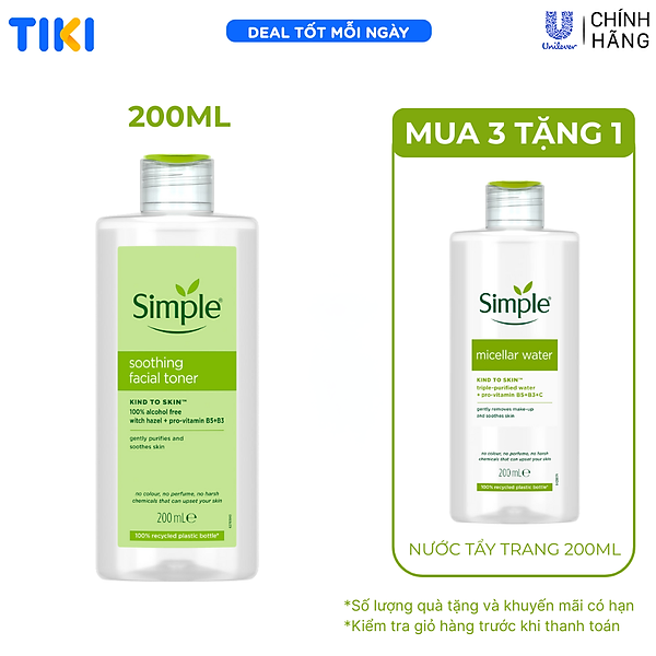 Nước hoa hồng Simple Toner làm dịu và cân bằng độ ẩm cho da - lành tính không chứa cồn 200ml [Chính hãng độc quyền]