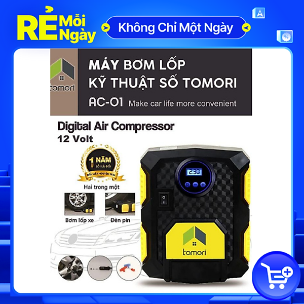 MÁY BƠM LỐP Ô TÔ TỰ NGẮT TOMORI 12V AC-01 (Bảo hành 12 tháng)