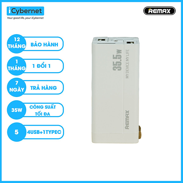 Củ sạc nhanh đa năng 5 cổng Remax RPP-U66 công suất 35.5W (4USB +1 typeC) - Hàng chính hãng
