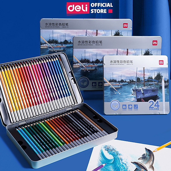 Bút Chì Màu Gốc Nước Cao Cấp Deli 24/36/48/72 Màu Hộp Thiếc - Không Dễ Gãy Tô Vẽ Tranh Chuyên Nghiệp