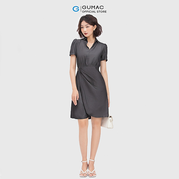 Đầm nữ Gumac DC04023 cổ sơ mi form A nhẹ tà đắp phụ kiện thanh lịch