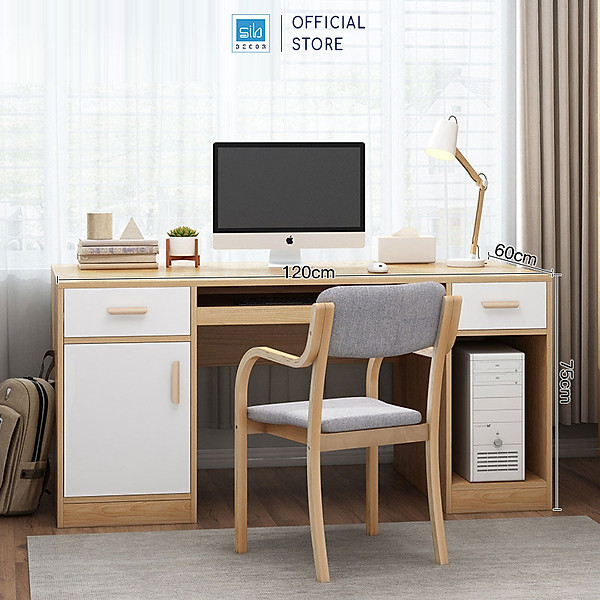Bàn Học Tập, Bàn Làm Việc Kết Hợp Ngăn Kéo Và Ngăn Đỡ PC Hiện Đại, Đa Năng SIB Decor BLV63