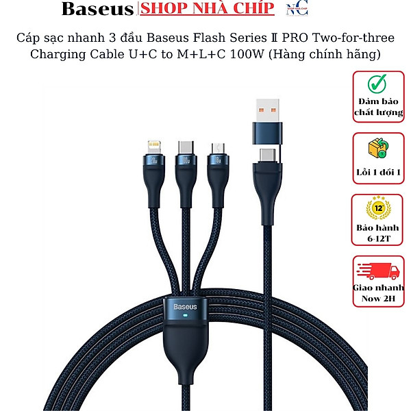 Cáp sạc nhanh 3 đầu Baseus Flash Series Ⅱ PRO Two-for-three Charging Cable U+C to M+L+C 100W (Hàng chính hãng)