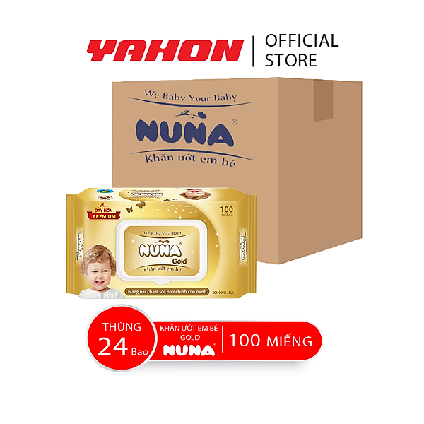 Thùng Khăn Giấy Ướt Em Bé NUNA Gold Không Mùi, 100 Miếng/Bao, 24 Bao/Thùng