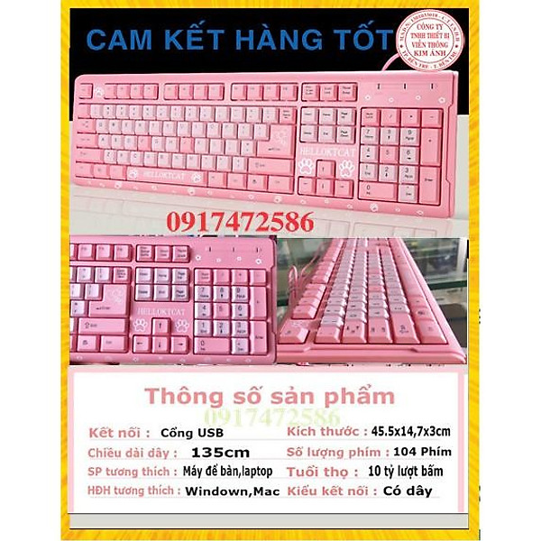 Bàn phím máy tính Kitty có dây -Màu Hồng- chuôi cắm USB- BÀN PHÍM MÁY TÍNH
