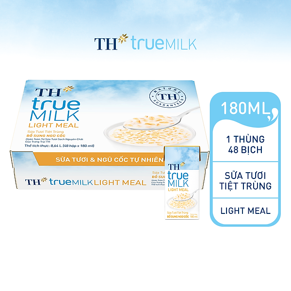 Thùng 48 hộp sữa tươi tiệt trùng bổ sung ngũ cốc TH true MILK LIGHT MEAL 180 ml (180 ml x 48)