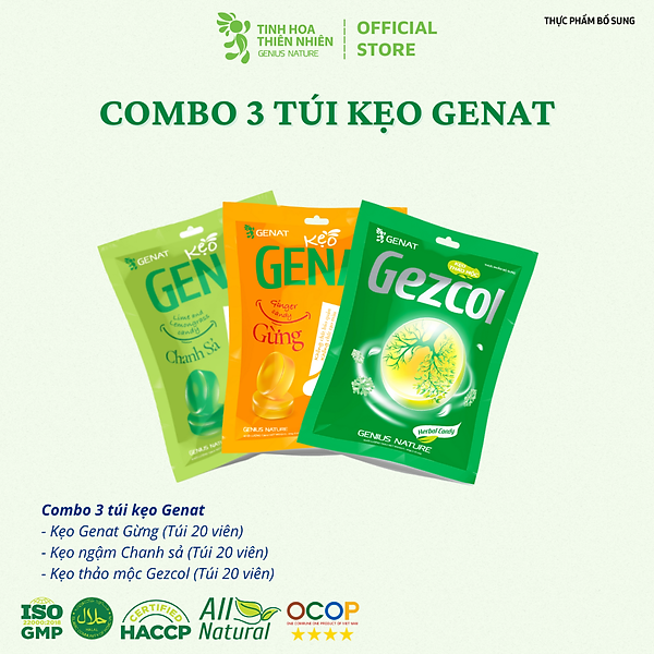Combo 3 túi 20 viên - Kẹo thảo mộc Gezcol - Genat Chanh Sả - Genat Gừng - Giao 2H HCM