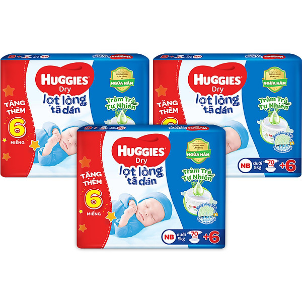 Combo 3 gói tã dán sơ sinh Huggies Tràm Trà Tự Nhiên NB70 (dưới 5kg) - Gói 70 miếng + Tặng 6 miếng