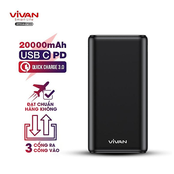 Pin sạc dự phòng 20000mAh 3 cổng USB Vivan | 22.5W – 5A cổng Type C Sạc nhanh QC 3.0 Power Delivery PD – VPB-H20S – Hàng Chính Hãng