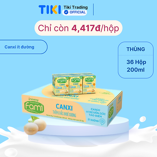 Thùng Sữa đậu nành Fami Canxi ít đường (200ml x 36 Hộp)