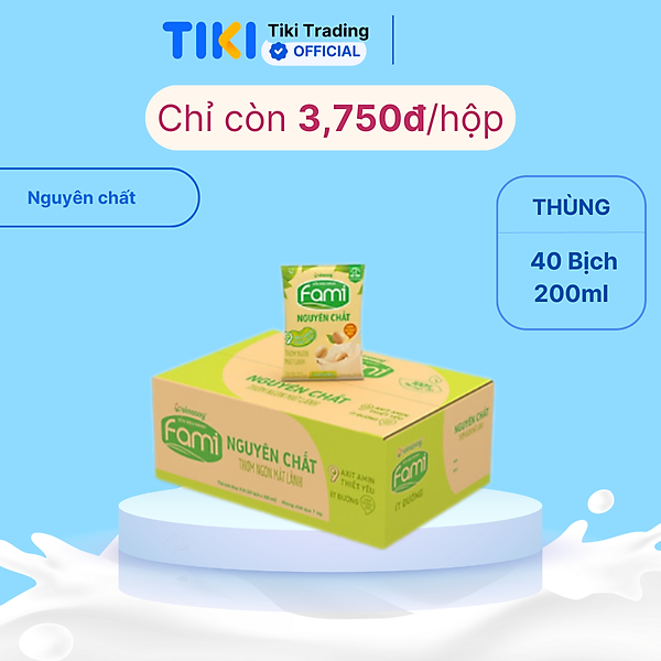 Thùng Sữa đậu nành Fami Nguyên Chất ít đường (200ml x 40 bịch)