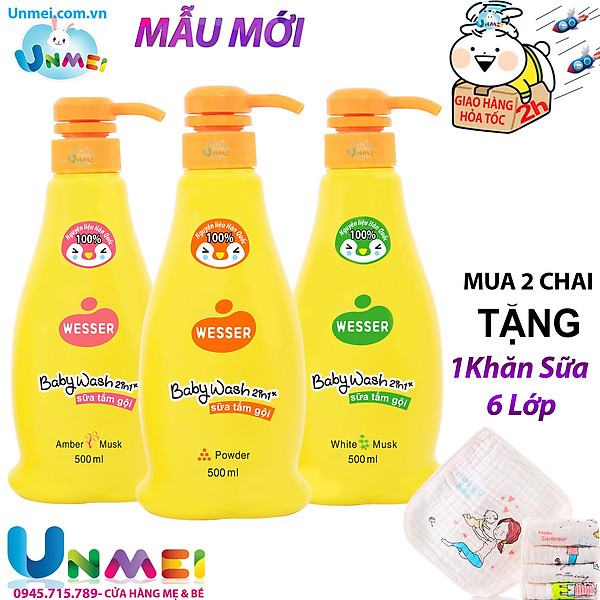 Sữa Tắm Gội Wesser 2in1 Hàn Quốc, Sữa tắm cho bé không cay mắt (2 chai x 500ml) tặng 1 khăn Sữa Unmei Sợi Tre 6 Lớp