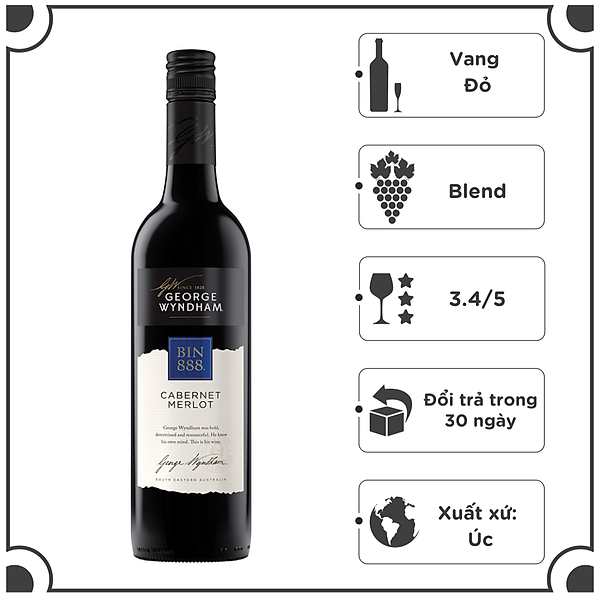 {Freeship 50K} Rượu Vang Đỏ Úc GEORGE WYNDHAM BIN 888 750ml 13.5% - 14.8% Không hộp