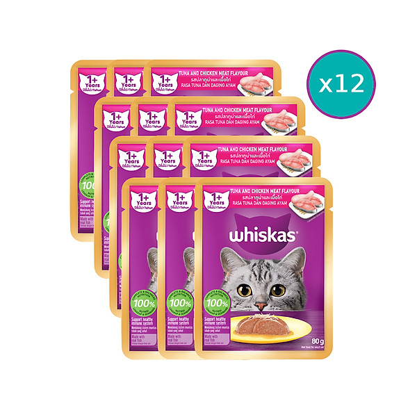 Thức Ăn Cho Mèo WHISKAS 1+ years Vị Cá Ngừ, Gà 80g/Gói