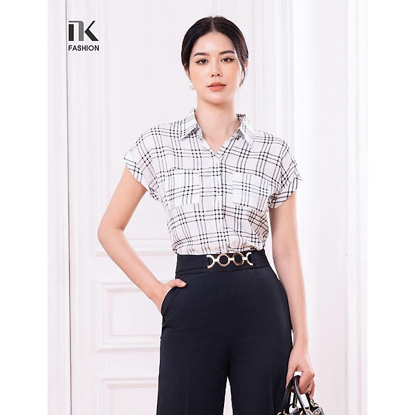 Áo Sơ Mi Nữ NK Fashion Thiết Kế Cỏ Đức Vai Chờm Họa Tiết Kẻ, Chất Liệu Nhập Hàn Cao Cấp NKSM2204001