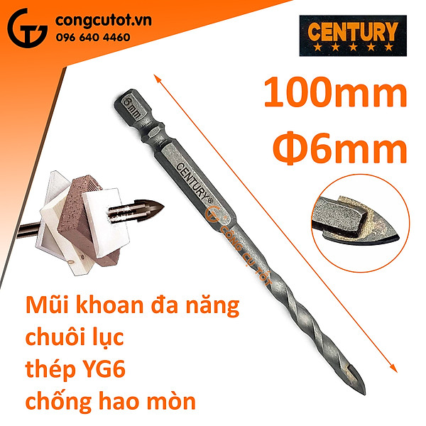 Mũi khoan đa năng chuôi lục century thép yg6 chống hao mòn 6mm