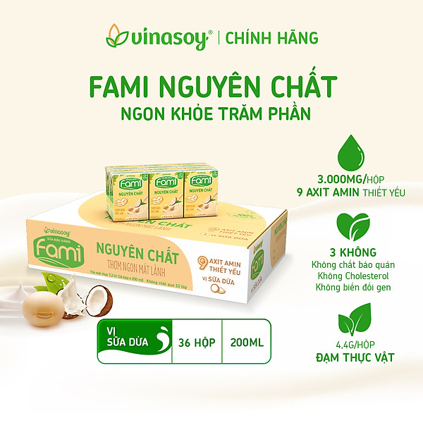 Thùng Sữa Đậu Nành Fami Nguyên Chất Vị Sữa Dừa (200ml x 36 Hộp)
