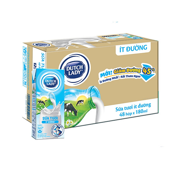 Thùng 48 Hộp Sữa Tươi Tiệt Trùng Dutch Lady Cô Gái Hà Lan ít đường 180ml