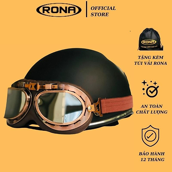 Mũ bảo hiểm xe máy 1/2 RONA haly viền bạc kèm kính phi công viền đồng cao cấp chính hãng