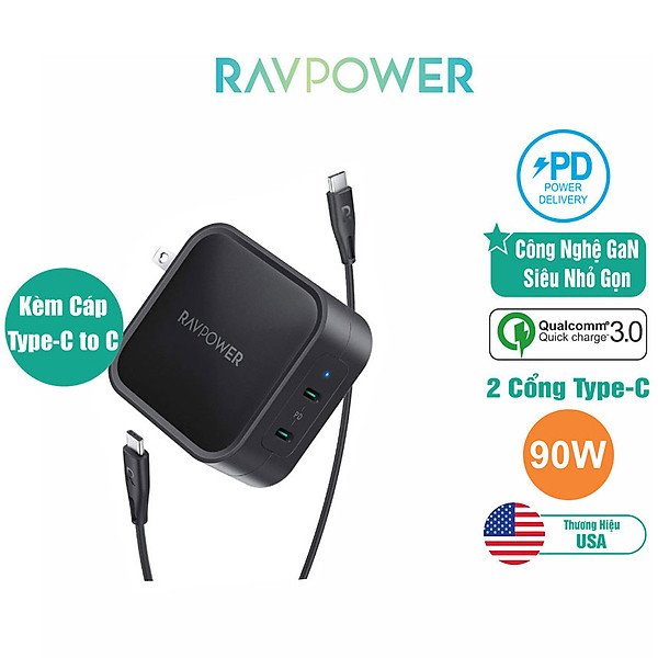 Củ Sạc Điện Thoại Laptop Macbook RAVPower RP-PC128 Kèm Cáp C To C PD 90W Công Nghệ GaN – Hàng Chính Hãng