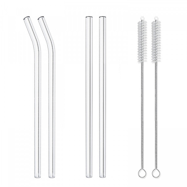 Bộ 4 Ống Hút Thủy Tinh Chịu Nhiệt (2 Cong + 2 Thẳng) + 2 Cọ Rửa + 1 Túi Vải