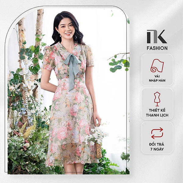 Đầm Dáng Xòe Nữ NK Fashion Cổ Sen Kèm Nơ Rời Họa Tiết Hoa Nữ Tính, Chất Vải Cao Cấp Mềm Mịn NKDV2204004