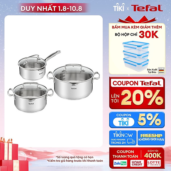 Bộ 3 nồi inox Tefal Duetto Plus (Quánh 16cm - 1.4L, Nồi 20cm - 2.8L, Nồi 24cm - 4.9L) - Hàng chính hãng