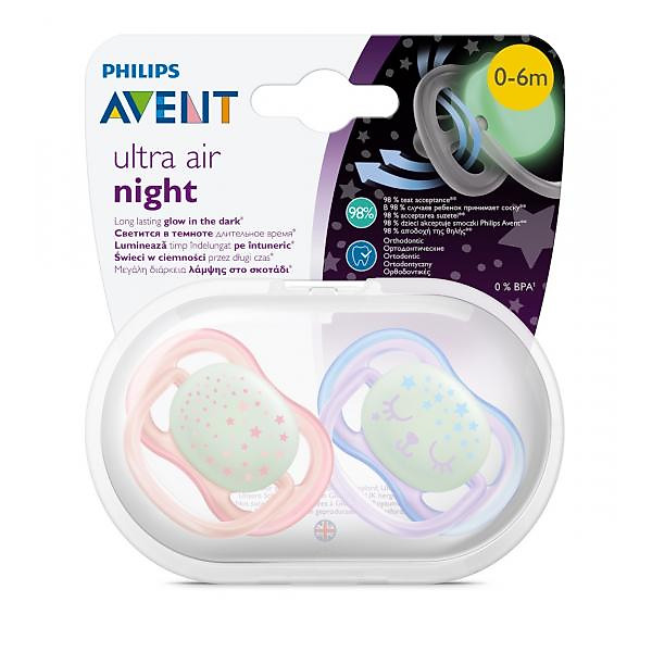 Ty ngậm ban đêm Philips Avent cho bé từ 0-6 tháng tuổi (vỉ 2 núm) SCF376/10 - Màu ngẫu nhiên