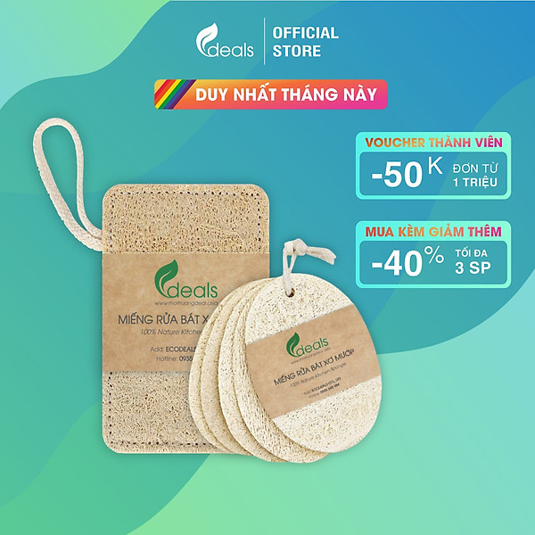 Xơ Mướp Rửa Chén Bát Xoong Nồi Cao Cấp ECODEALS - 100% xơ mướp hữu cơ, kích thước lớn, chỉ may chắc chắn