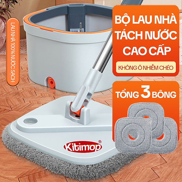 Bộ Cây Lau Nhà Tách Nước Bẩn KITIMOP N08 PRO - Thùng Lau Nhà Tự Vắt Thông Minh, Chổi Lau Nhà 360 Độ, Lau Sàn Làm Sạch