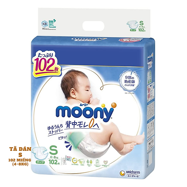 Bỉm – Tã Dán Moony Blue Jumbo Size S 102 Miếng (Cho Bé 4~8Kg)