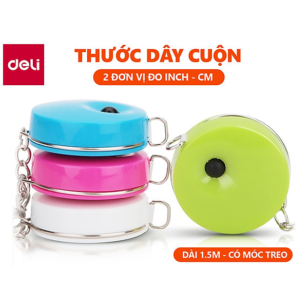 Thước Dây Deli Có Thể Làm Móc Chìa Khóa- Dài 1.5M - Thước Dây Cuộn - Màu Trơn Xanh Lá / Xanh Dương / Hồng / Trắng - 1 Chiếc