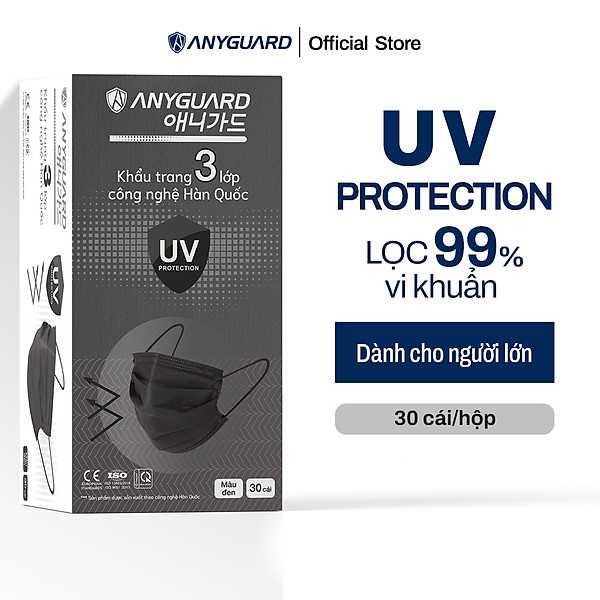 Khẩu Trang Anyguard Hàn Quốc 3 Lớp Màu Đen Chính Hãng - Lọc 99% Vi Khuẩn, UV Protection (Hộp 30 Cái) - Bảo Vệ Hằng Ngày - Tiêu Chuẩn Công Nghệ Hàn Quốc - ISO 9001:2015, ISO 13485:2016, QCVN 01:2017/BTC