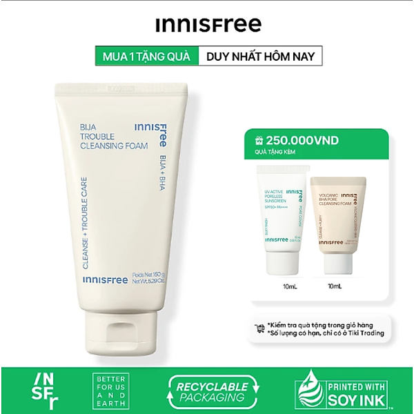 Sữa rửa mặt dành cho da mụn innisfree Bija Trouble Cleansing Foam 150g