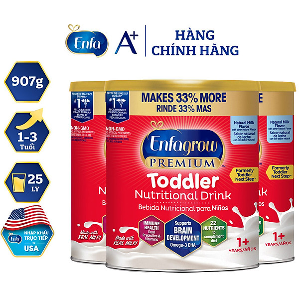 Bộ 3 Lon Sữa Bột Enfagrow Premium Toddler Hương Sữa Tự Nhiên Cho Trẻ Từ 1-3 Tuổi- 907G