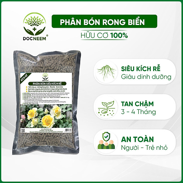 Phân bón hữu cơ rong biển DOCNEEM túi 1kg, kết hợp neem cake kích rễ mầm lá, cho Hoa hồng, phong lan, cây cảnh, rau sạch