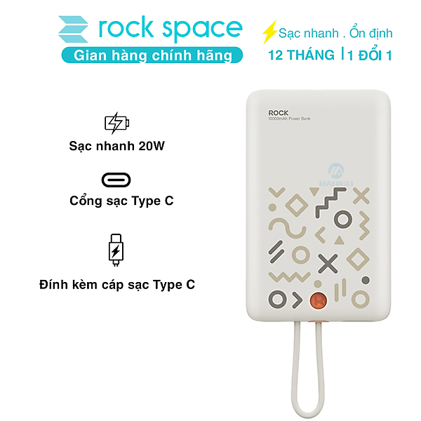 Pin sạc dự phòng sạc nhanh PD 20W ROCKSPACE P28 10.000 mAh Magnetic PD tích hợp cáp sạc nhanh - Hàng chính hãng bảo hành 12 tháng