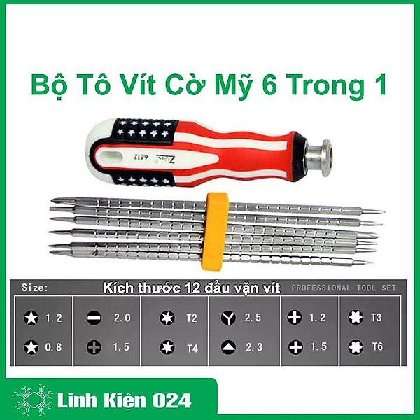 Bộ tô vít cờ mỹ 6 trong 1 cao cấp 12 đầu vặn vít, tua vít đóng đảo chiều tiện lợi, đa năng