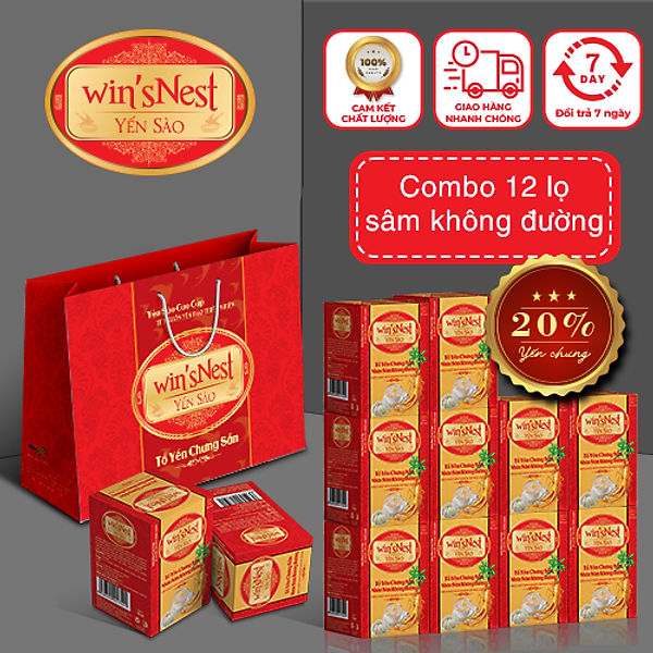 Combo 12 lọ Yến Sào Win'snest Tổ Yến Chưng Sẵn Nhân Sâm Không Đường 20% (70ml/ Lọ)