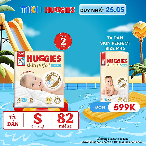 Tã/bỉm dán sơ sinh Huggies Skin Perfect S 80+2 miếng với 2 vùng thấm giảm kích ứng da