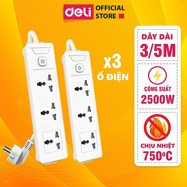 Ổ Cắm Điện Đa Năng Có Công Tắc Nguồn 3/4/6 Ổ , 3M/5M Dây Chống Giật Chống Cháy Chất Lượng Cao Deli - Hàng Chính Hãng - ET401 - 406