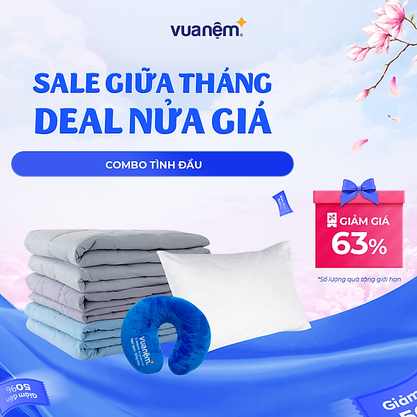 Combo Tình Đầu - 01 Chăn chần AMD Promo 140*200cm + 01 Gối nằm Doona Promo 45*65cm + 01 Gối tựa cổ Vua Nệm 32*28cm