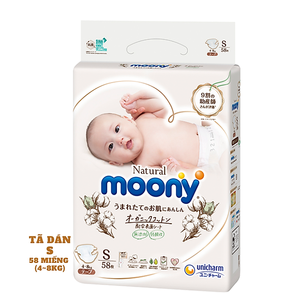 Tã/Bỉm Dán Moony Natural Size S- 58 Miếng( Bé 4- 8Kg)