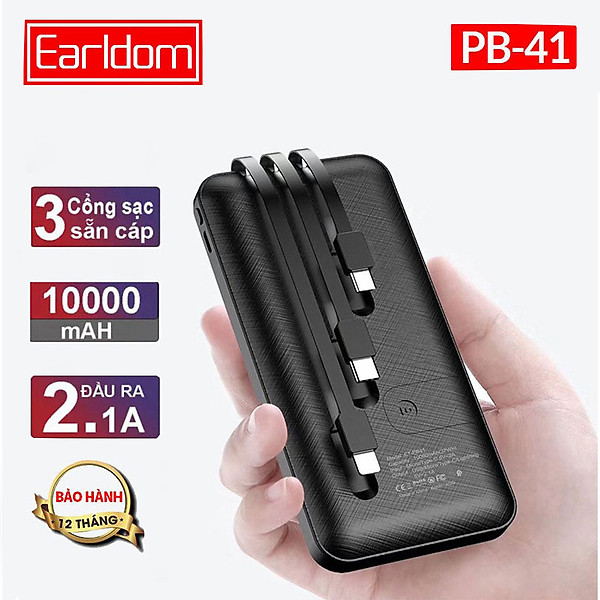 Pin Sạc dự phòng Earldom PB-41 kèm giá đỡ, dung lượng 10.000 mAh 3 cổng Lightning/TypeC, Micro – hàng chính hãng