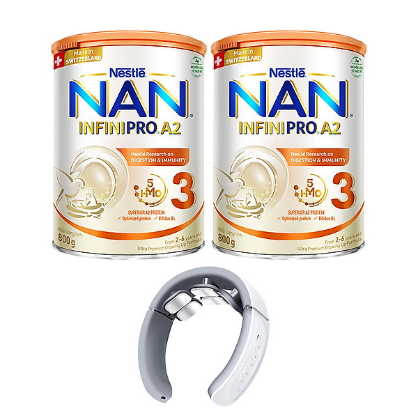 Bộ 2 Lon Sữa bột NAN INFINIPRO A2 800g Thụy Sĩ 3 với đạm quý A2 tiêu hóa tốt sau 7 ngày và 5HMO tăng cường đề kháng + Tặng Máy massage cổ​ (2 - 6 tuổi)