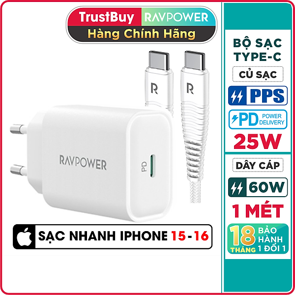 Combo Củ Sạc Nhanh Type-C PPS 25W RAVPower RP-PC156-W và Cáp Type-C To C 60W Dài 1M RP-CB047-W Dành Cho Điện Thoại Android, Cho Samsung, Cho Vivo, Cho Oppo, Cho Xiaomi Và Máy Tính Bảng - Hàng Chính Hãng