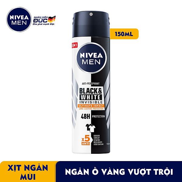 Xịt Ngăn Mùi NIVEA MEN Black & White Ngăn Vệt Ố Vàng Vượt Trội 5in1 (150ml) - 85388