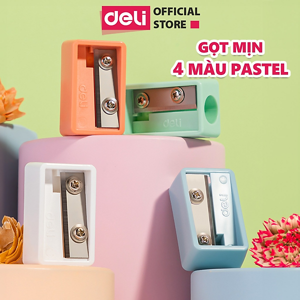 Gọt bút chì mini Deli - Hồng, Cam, Xanh dương, Xanh lá - 1 cái màu ngẫu nhiên - Chất liệu ABS bền bỉ, lưỡi dao không ghỉ